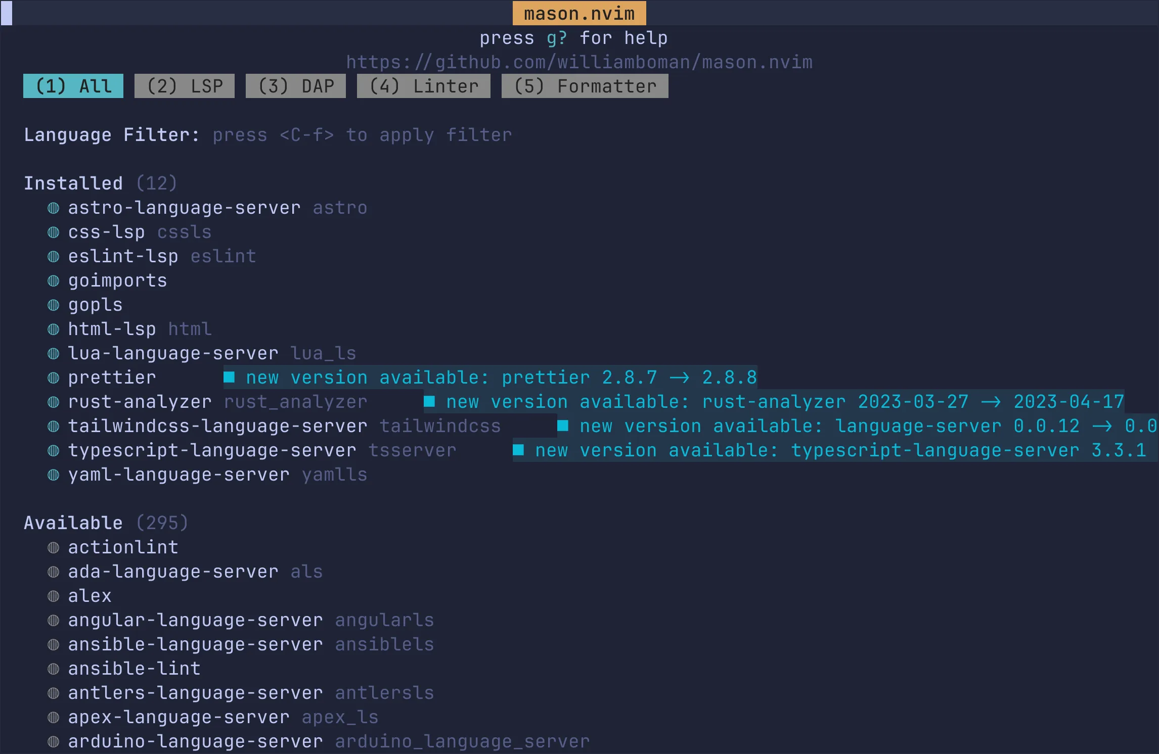 mason.nvim interface