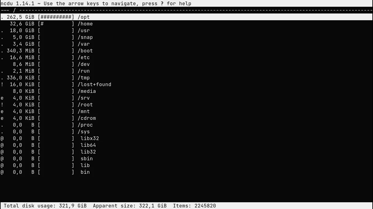 ncdu / command output