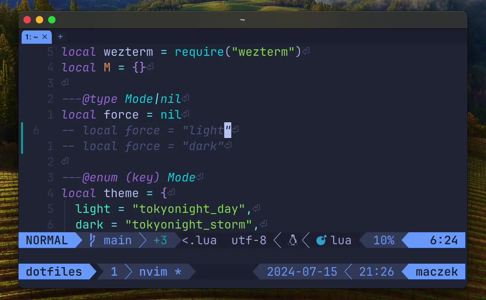 A video showing a theme variant being forced. The theme change propagates throughout WezTerm, tmux, and Neovim.